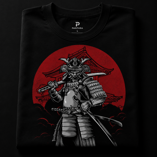 Samurai Warrior Graphic T-Shirt | Japanese Armor Warrior Oversized Tee | Red Sun Streetwear | PANTHRA