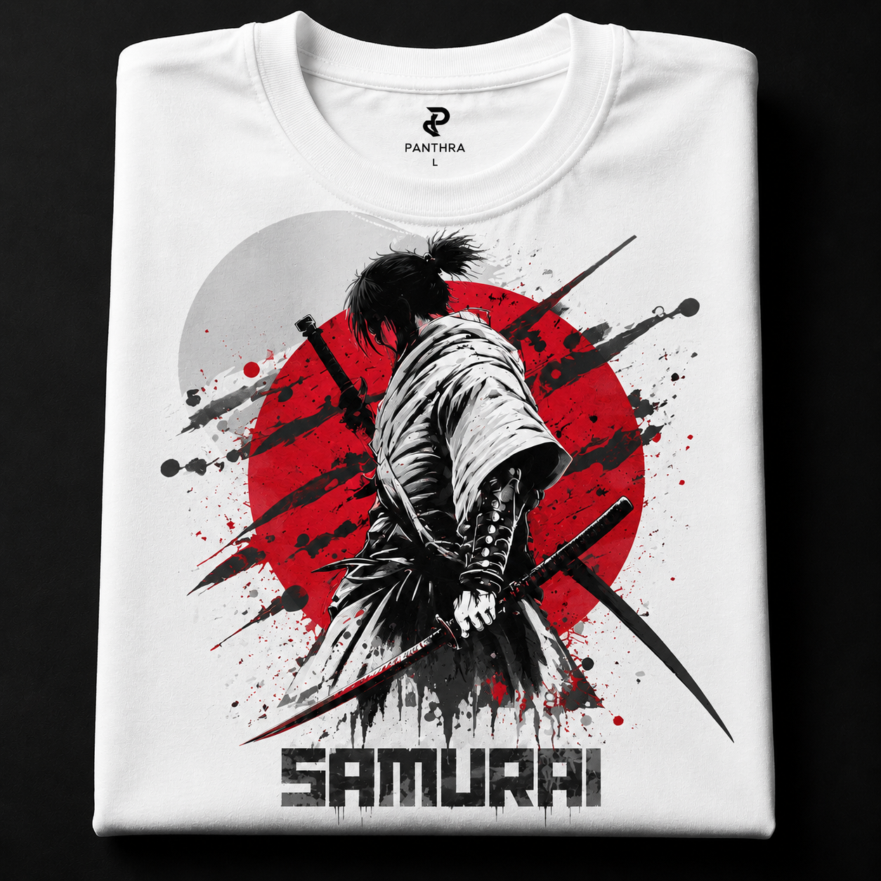 Samurai Shadow Warrior Graphic T-Shirt | Japanese Ronin Anime Streetwear | Red Moon Oversized Tee | PANTHRA