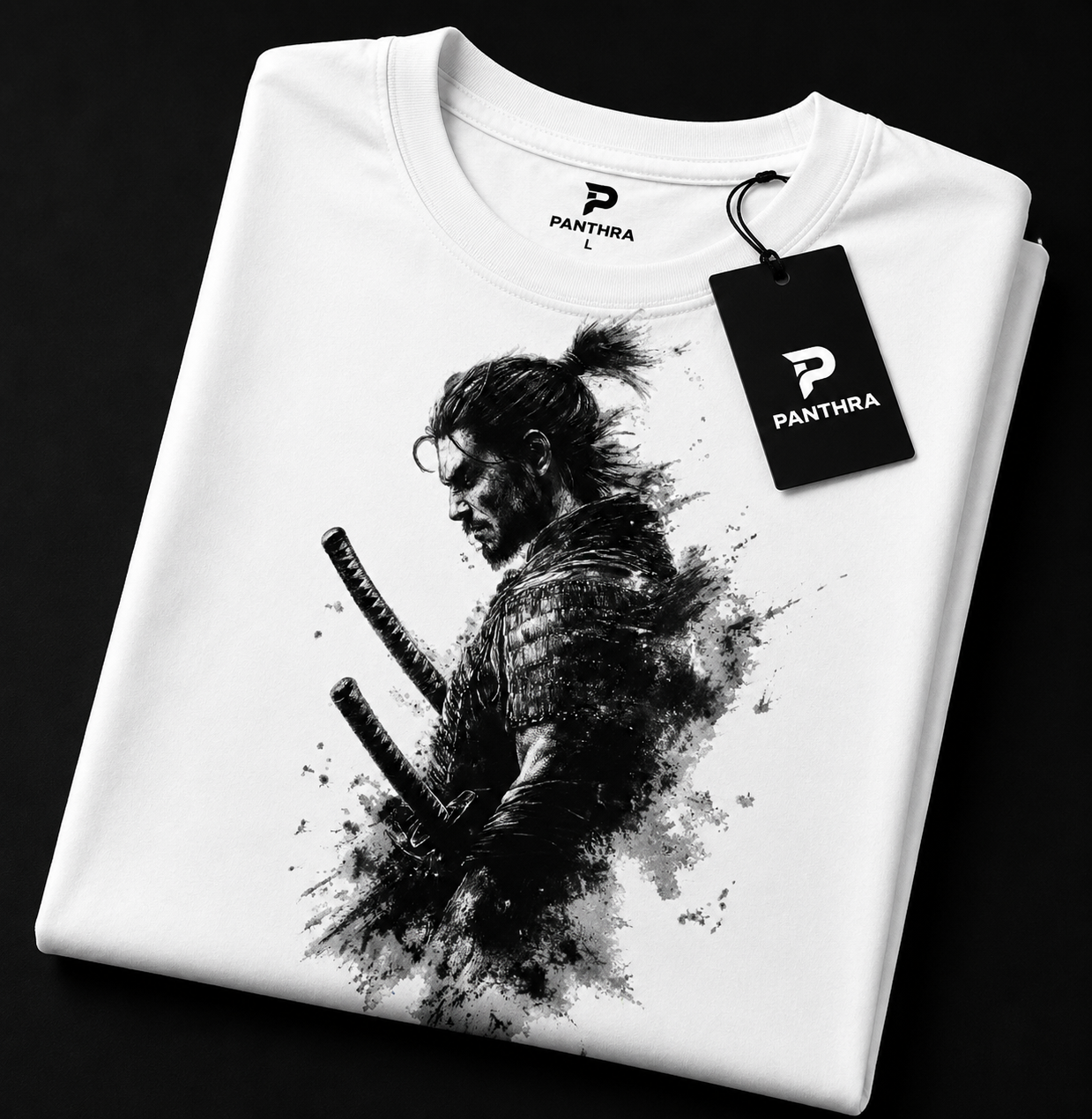 Shadow Warrior Samurai White Oversized T-Shirt | Japanese Ink Art Graphic Tee [ PANTHRA ]