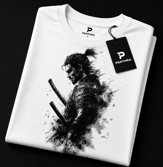 Shadow Warrior Samurai White Oversized T-Shirt | Japanese Ink Art Graphic Tee [ PANTHRA ]