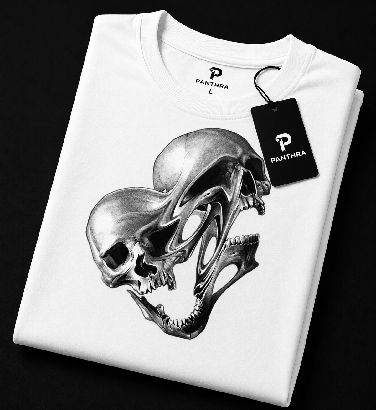 Abstract Dual Skull White Oversized T-Shirt | Surreal Gothic Graphic Tee [ PANTHRA ]