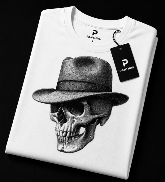 Vintage Skull Fedora White Oversized T-Shirt | Retro Gothic Graphic Tee