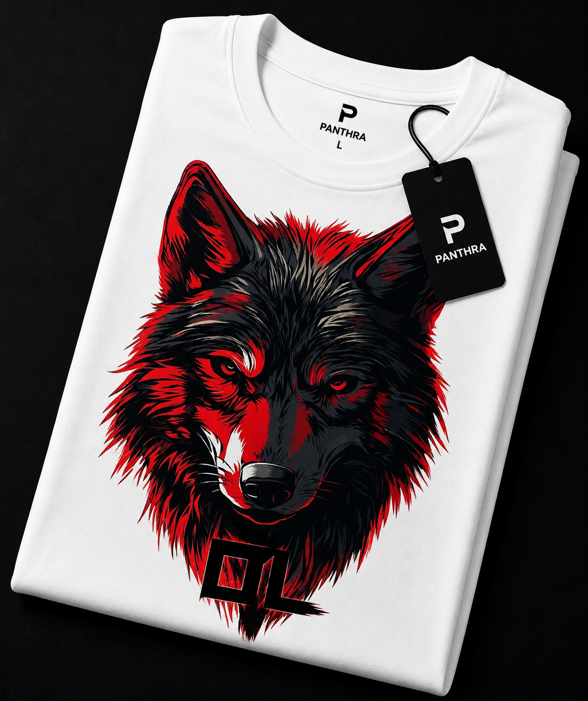 Red & Black Wolf Face Graphic White T-Shirt