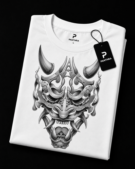 White Oni Mask Graphic Oversized T-Shirt