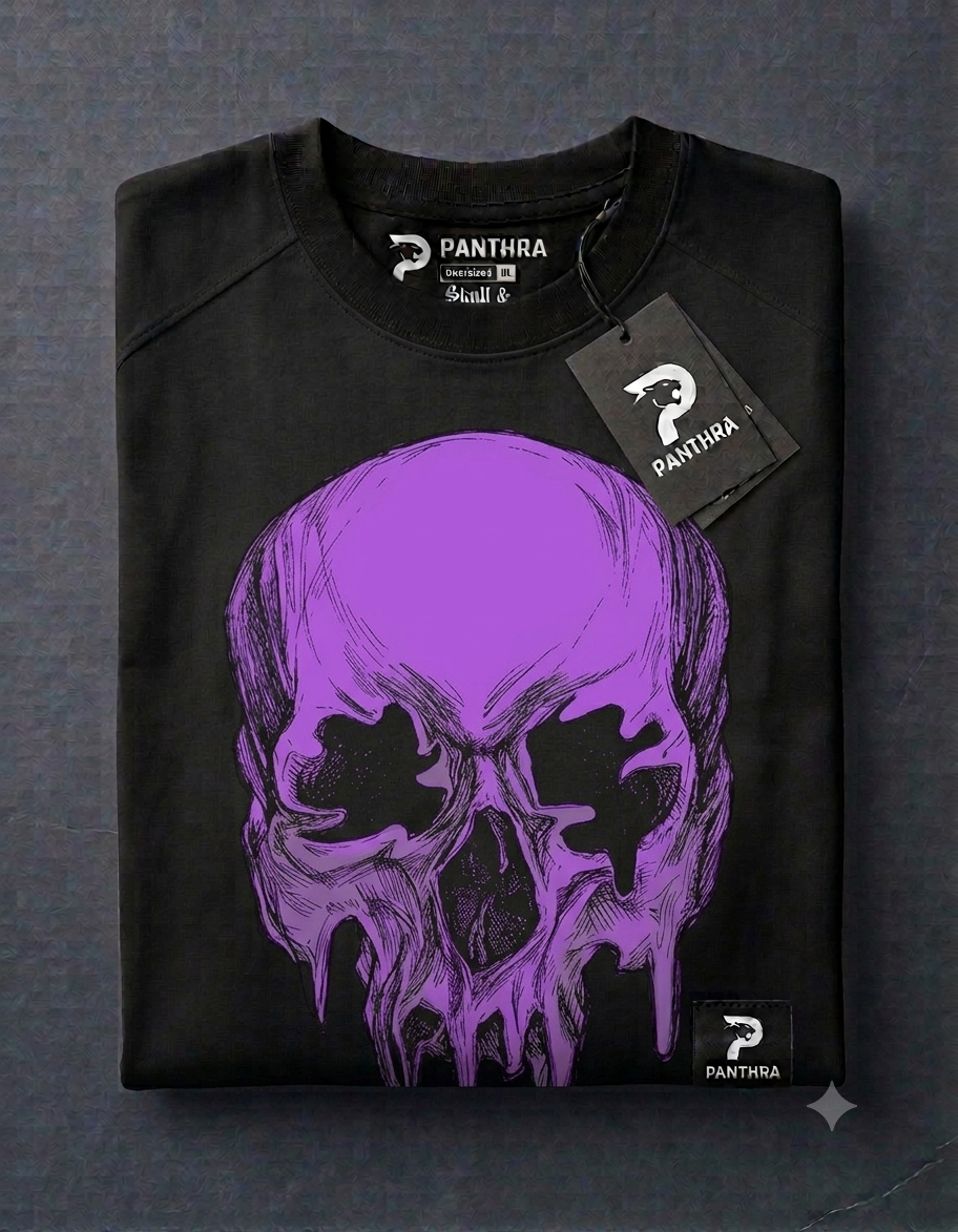 Purple Melting Skull Graphic T-Shirt – Gothic Horror Streetwear Oversized Tee | PANTHRA