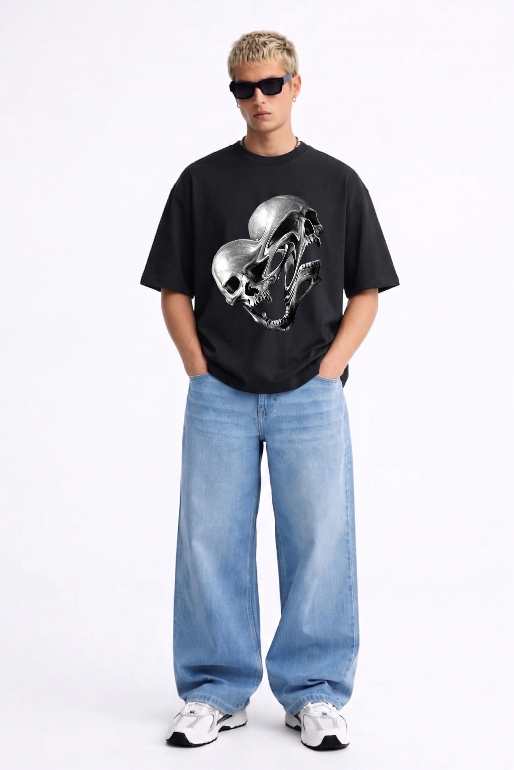 Abstract Dual Skull White Oversized T-Shirt | Surreal Gothic Graphic Tee [ PANTHRA ]